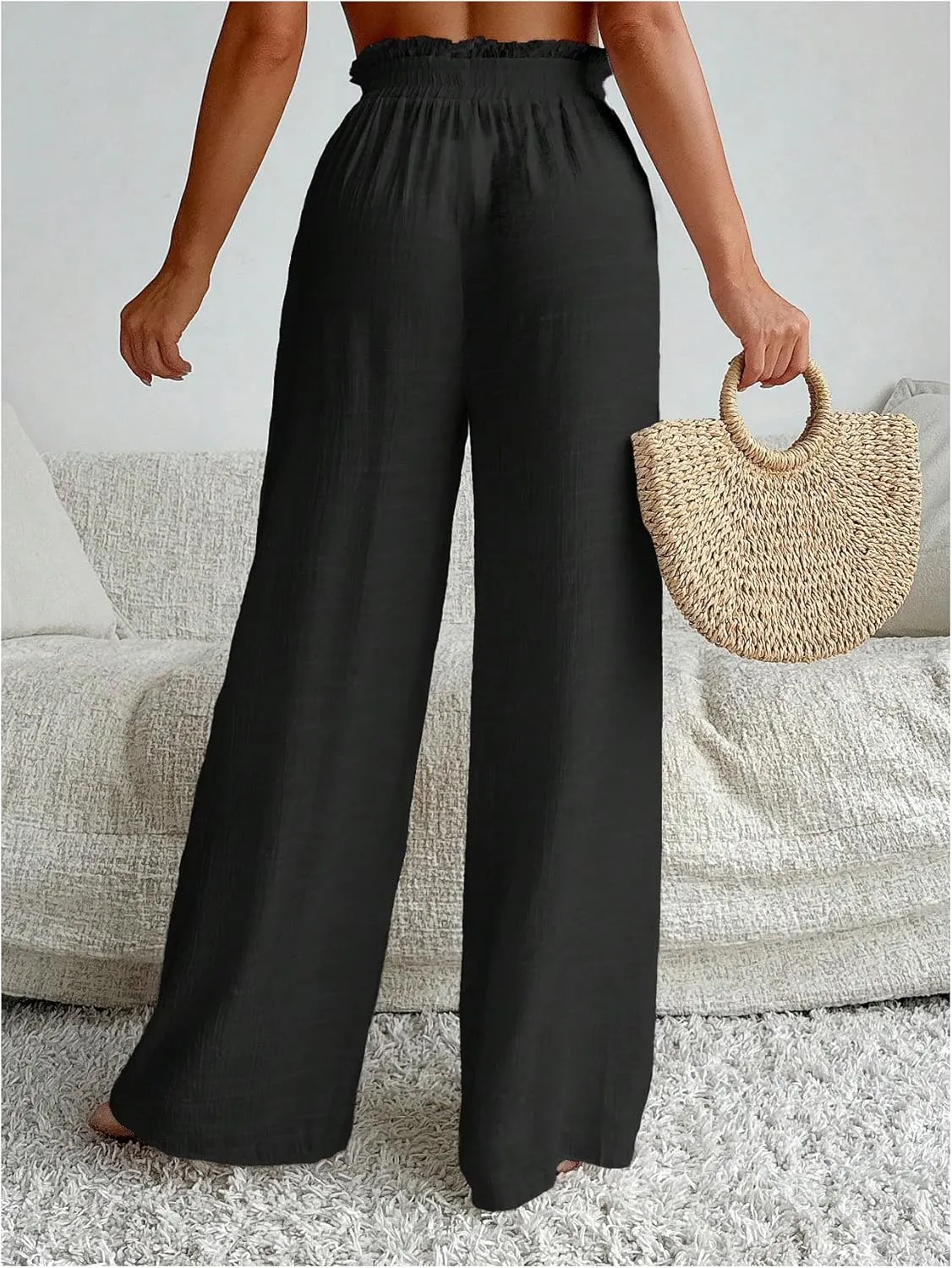 Milumia Women's Summer Linen Bathing Suit Cover Up Swim Beach Pants Sheer Wide Leg Swimsuit Coverup Pants