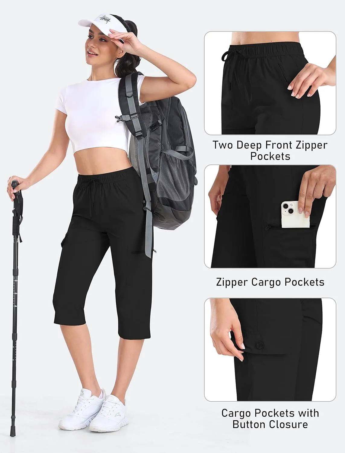 MoFiz Women's Cargo Hiking Pants with Pockets Athletic Capris Pants for Women Quick Dry Lightweight Water Resistant