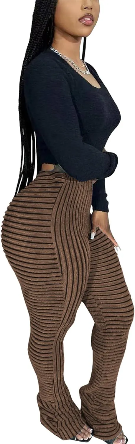 Molisry Women's Stacked Leggings Pants Trendy Fuzzy High Waist Slim Fit Fringe Flared Sweatpants Fall 2024