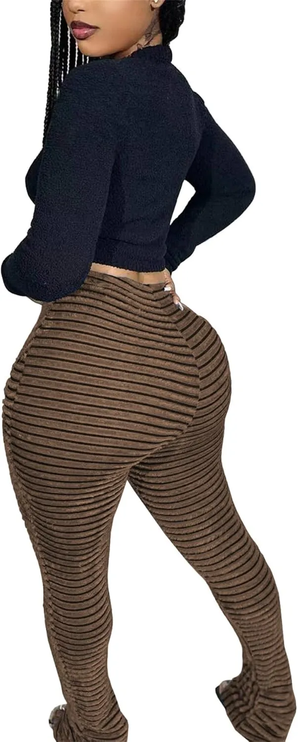 Molisry Women's Stacked Leggings Pants Trendy Fuzzy High Waist Slim Fit Fringe Flared Sweatpants Fall 2024