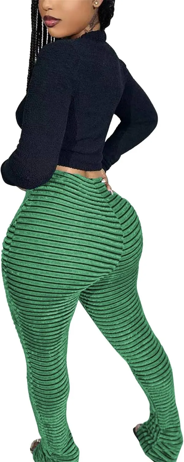 Molisry Women's Stacked Leggings Pants Trendy Fuzzy High Waist Slim Fit Fringe Flared Sweatpants Fall 2024