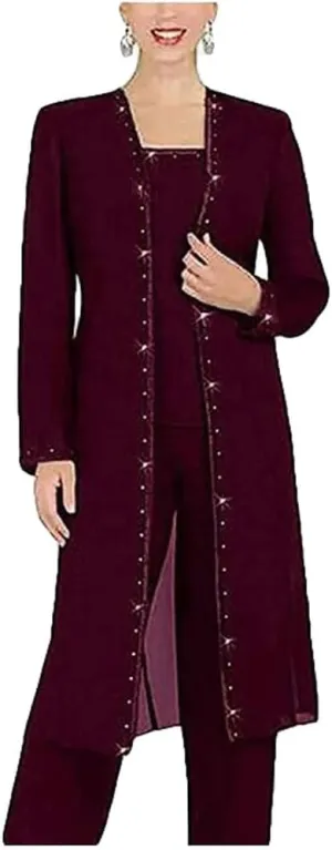 Mother of The Bride Pants Suits 3 PC Chiffon Beaded Women Outfits with Long Jacket Wedding Party Prom Dress