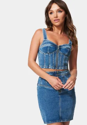 Multi Seam Zip Front Denim Bustier
