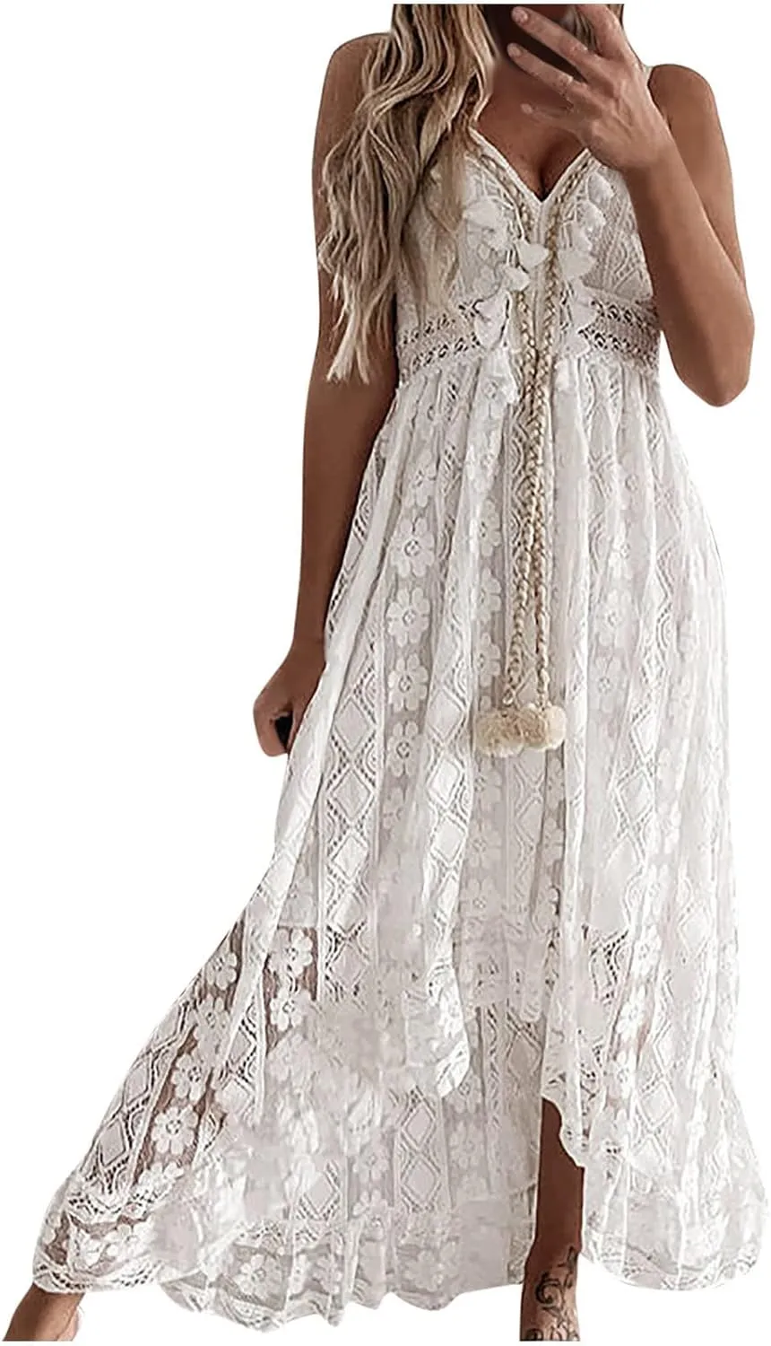 NaRHbrg Women Floral Lace Maxi Dresses Tassel V-Neck Flare Ruffle Beach Dress Casual Boho Flowy Long Dress for Cocktail Party