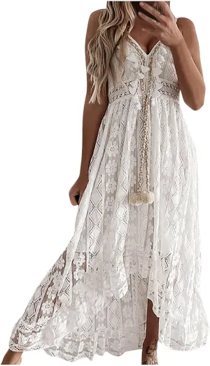 NaRHbrg Women Floral Lace Maxi Dresses Tassel V-Neck Flare Ruffle Beach Dress Casual Boho Flowy Long Dress for Cocktail Party