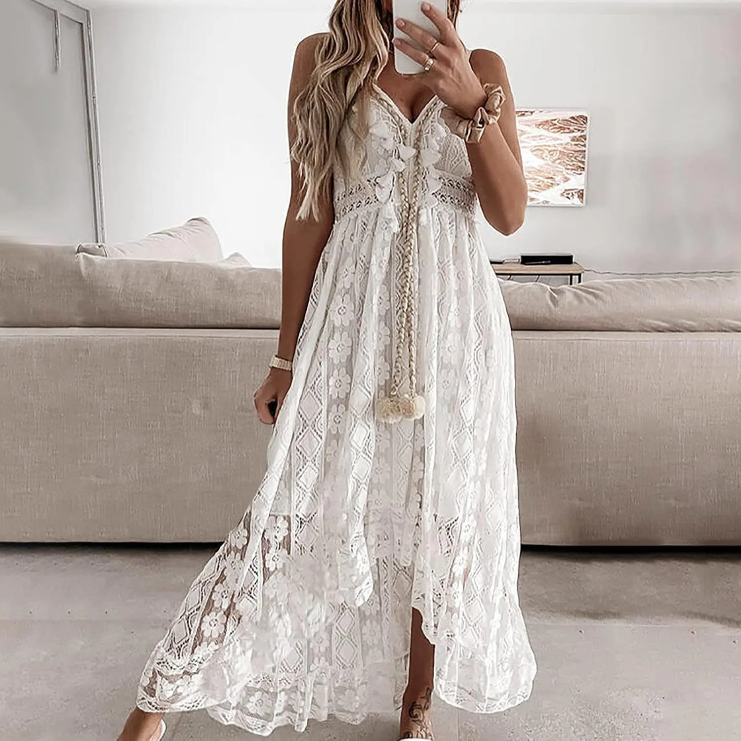 NaRHbrg Women Floral Lace Maxi Dresses Tassel V-Neck Flare Ruffle Beach Dress Casual Boho Flowy Long Dress for Cocktail Party