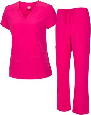Natural Uniforms Women's Cool Stretch V-Neck Top and Cargo Pant Scrub Set with Regular and Petite Sizes
