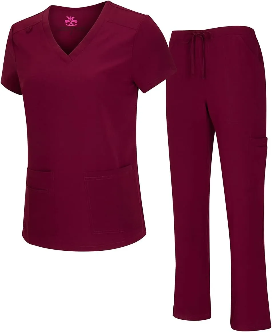 Natural Uniforms Women's Cool Stretch V-Neck Top and Cargo Pant Scrub Set with Regular and Petite Sizes