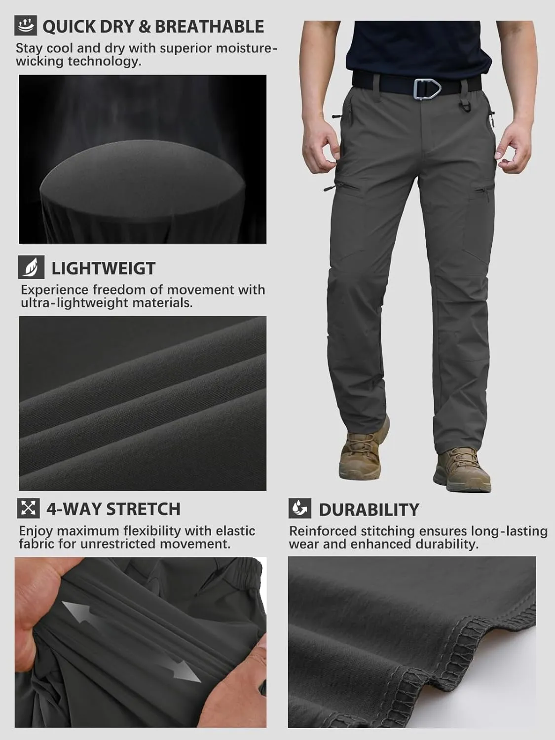NAVEKULL Men's Lightweight Hiking Pants Quick Dry Stretch Fishing Tactical Work Pants with Zipper Pockets