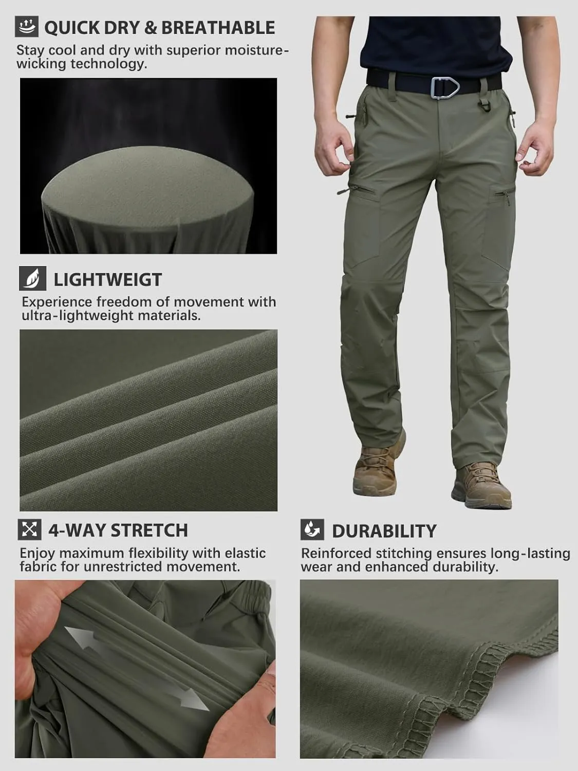 NAVEKULL Men's Lightweight Hiking Pants Quick Dry Stretch Fishing Tactical Work Pants with Zipper Pockets