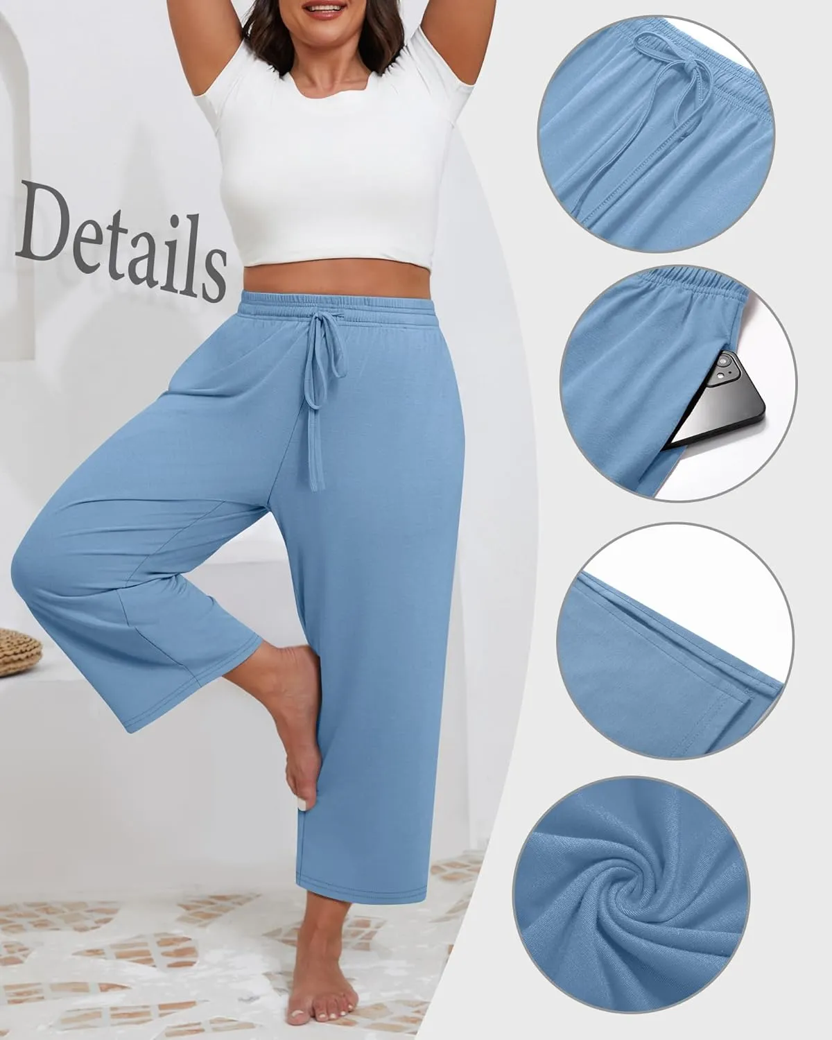 Neer 3 Pack Women's Plus Size Capris, Drawstring Cropped Wide Leg Pants Lounge Athletic Yoga Sweatpant with Pocket