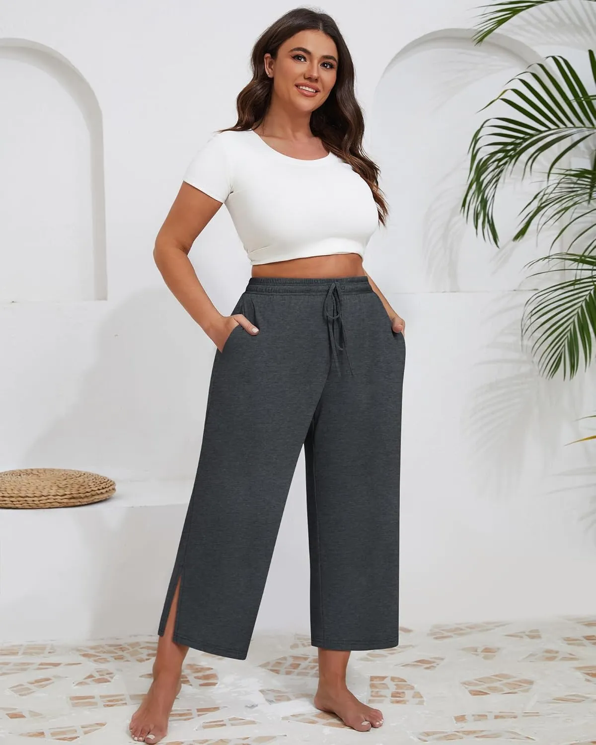 Neer 3 Pack Women's Plus Size Capris, Drawstring Cropped Wide Leg Pants Lounge Athletic Yoga Sweatpant with Pocket