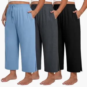Neer 3 Pack Women's Plus Size Capris, Drawstring Cropped Wide Leg Pants Lounge Athletic Yoga Sweatpant with Pocket