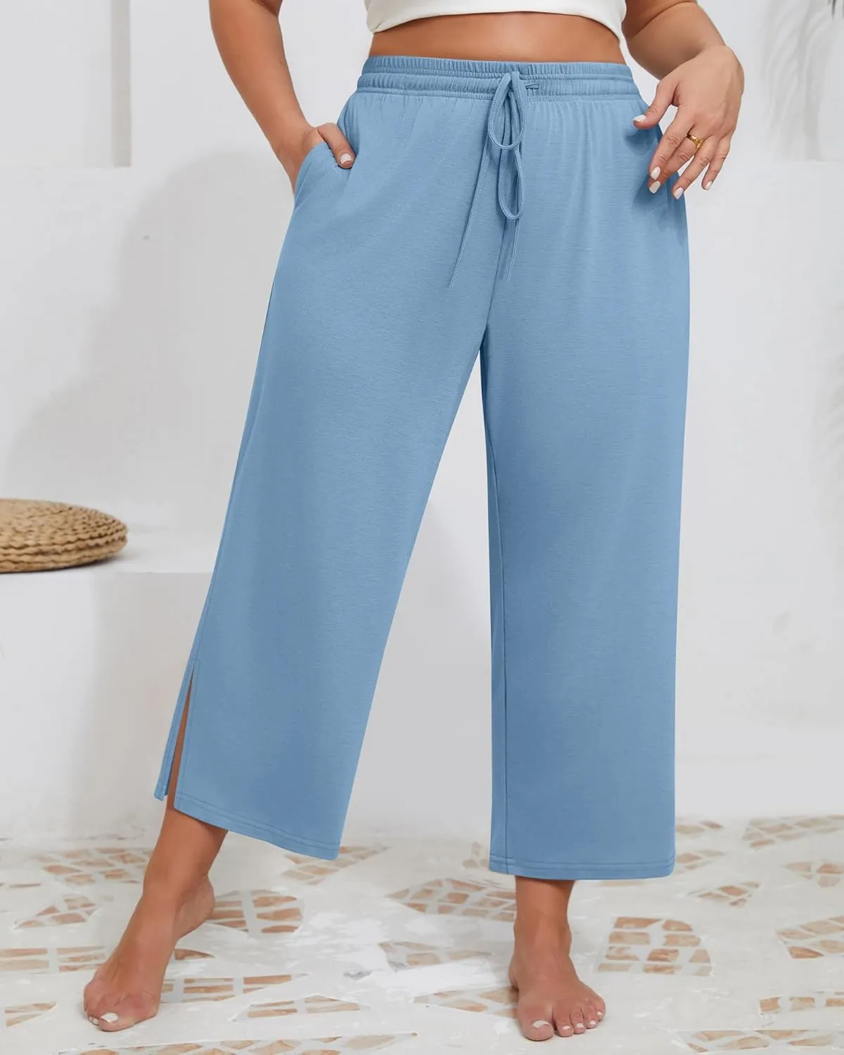 Neer 3 Pack Women's Plus Size Capris, Drawstring Cropped Wide Leg Pants Lounge Athletic Yoga Sweatpant with Pocket