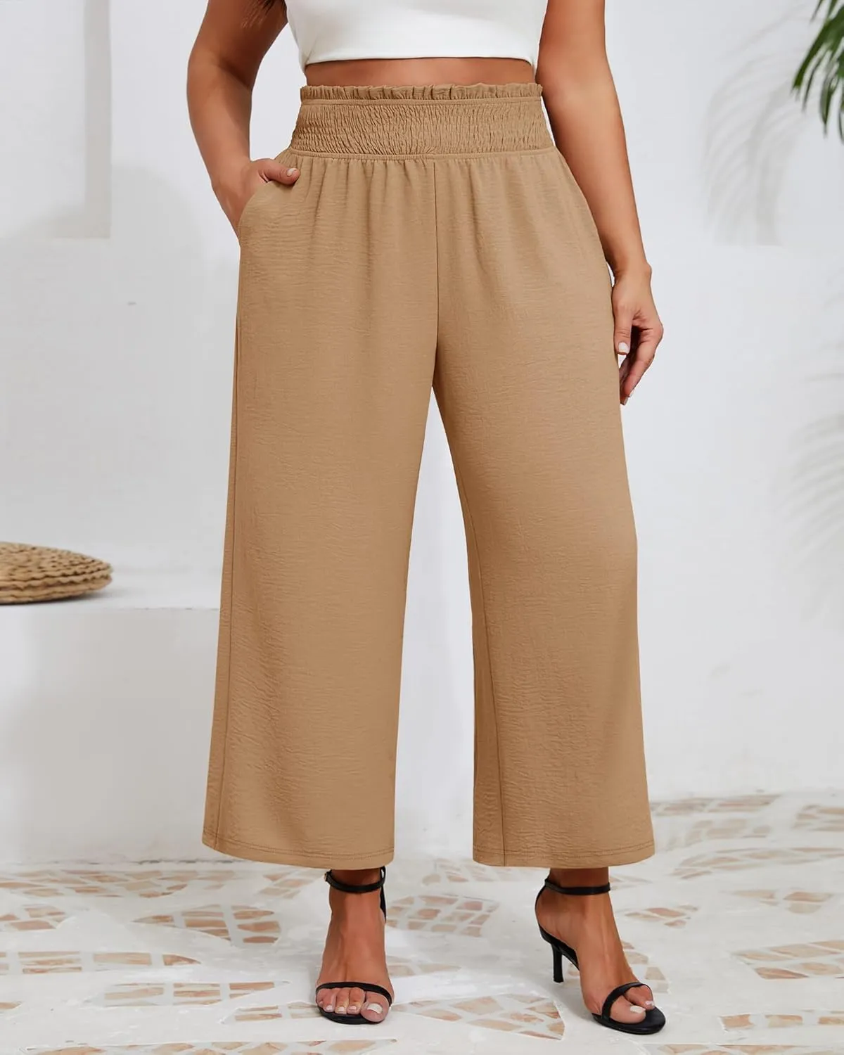 Neer Women's Plus Size Wide Leg Pants, Summer Stretchy Lounge Pants with Pockets Pull On Elastic Flowy Palazzo Trousers