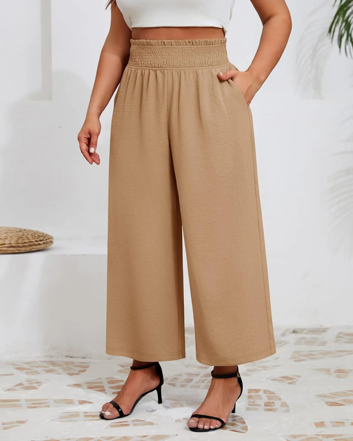 Neer Women's Plus Size Wide Leg Pants, Summer Stretchy Lounge Pants with Pockets Pull On Elastic Flowy Palazzo Trousers