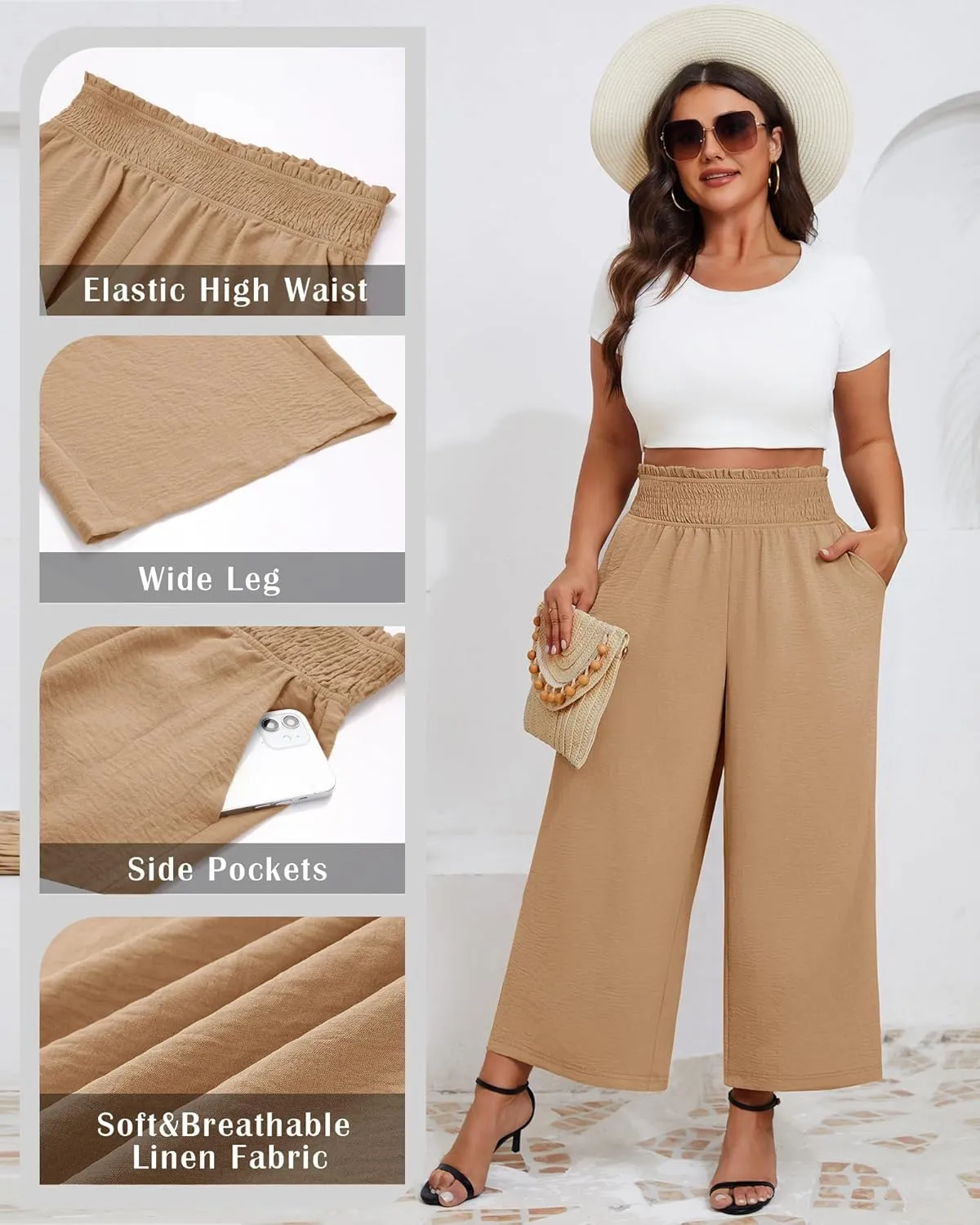 Neer Women's Plus Size Wide Leg Pants, Summer Stretchy Lounge Pants with Pockets Pull On Elastic Flowy Palazzo Trousers