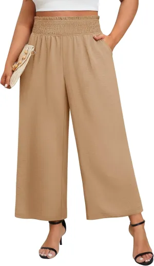 Neer Women's Plus Size Wide Leg Pants, Summer Stretchy Lounge Pants with Pockets Pull On Elastic Flowy Palazzo Trousers