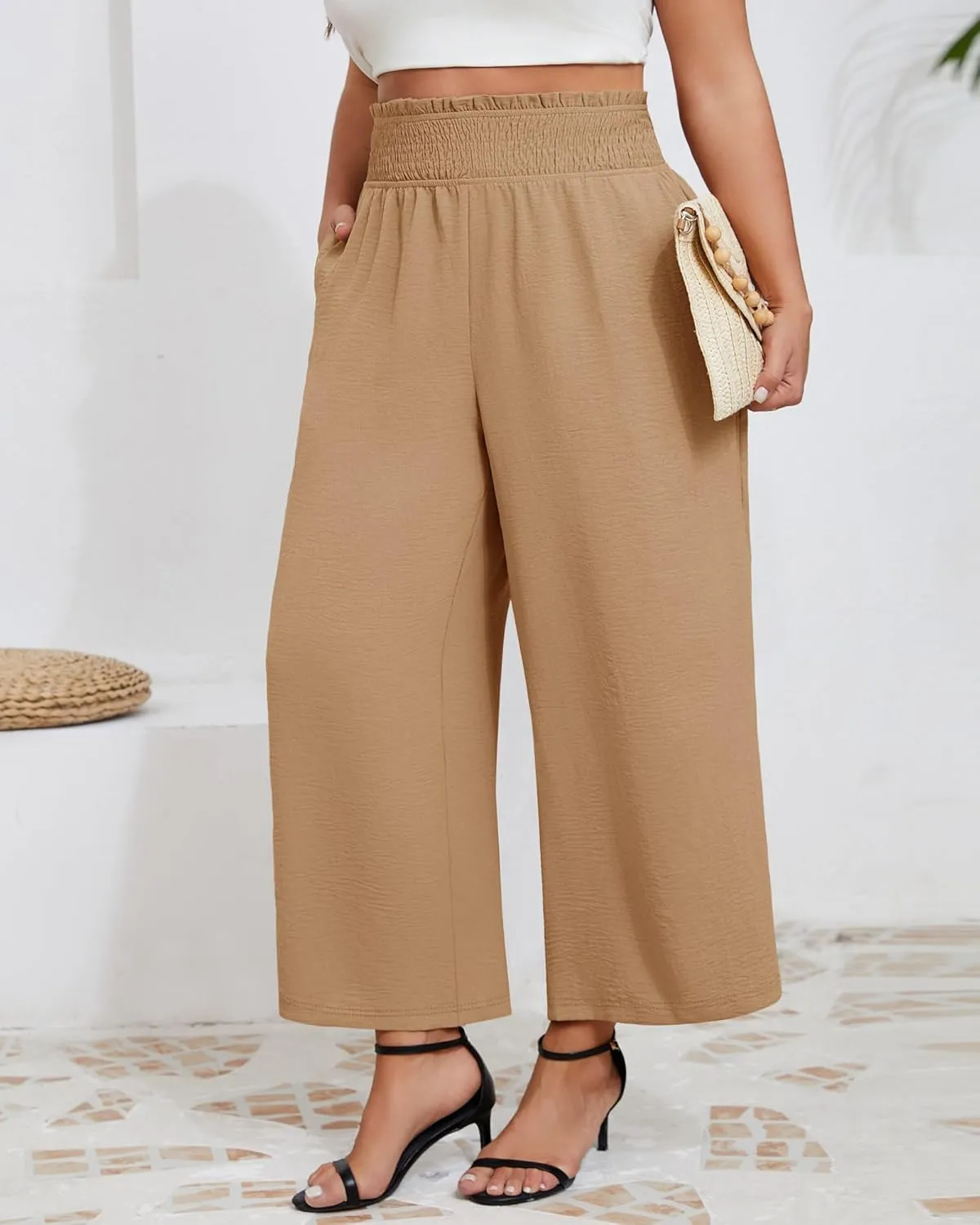 Neer Women's Plus Size Wide Leg Pants, Summer Stretchy Lounge Pants with Pockets Pull On Elastic Flowy Palazzo Trousers