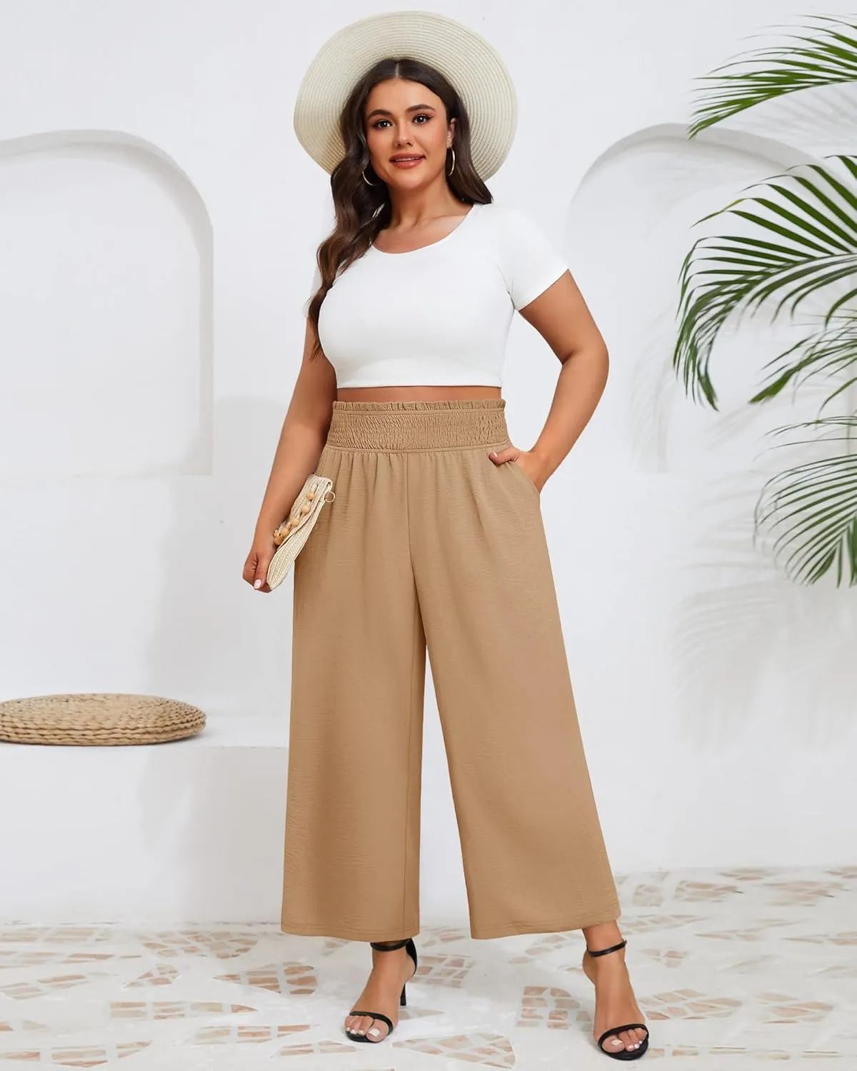 Neer Women's Plus Size Wide Leg Pants, Summer Stretchy Lounge Pants with Pockets Pull On Elastic Flowy Palazzo Trousers