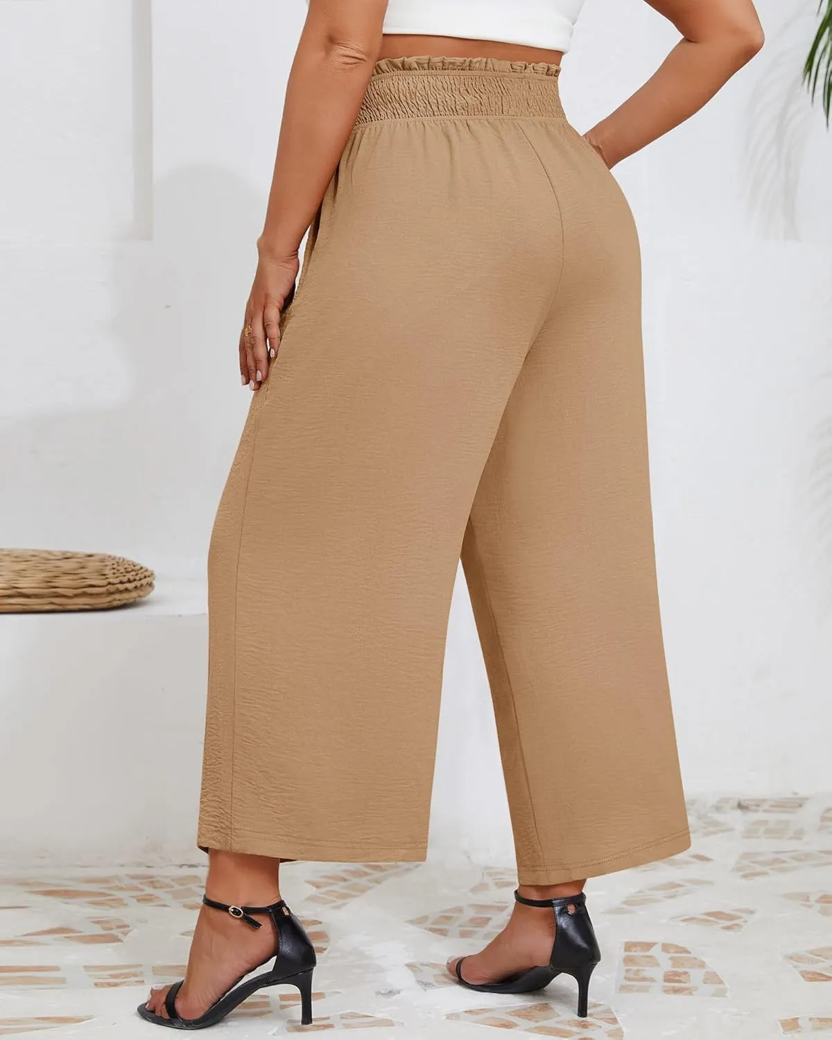 Neer Women's Plus Size Wide Leg Pants, Summer Stretchy Lounge Pants with Pockets Pull On Elastic Flowy Palazzo Trousers