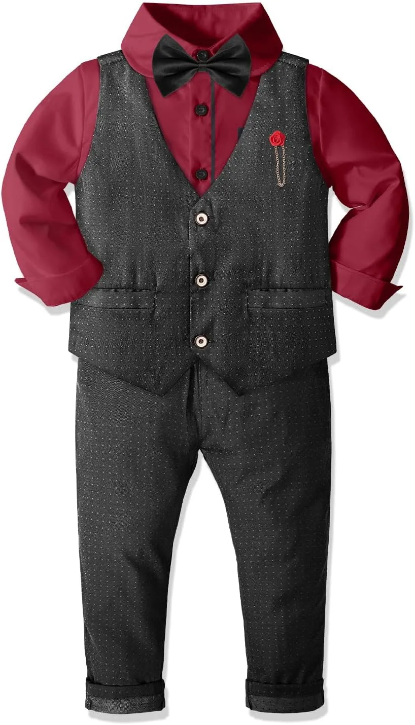 Nwada Boys Suit Set Formal Dress Shirt with Bow Tie, Slim Vest and Pants Toddler Boy Clothes Suits