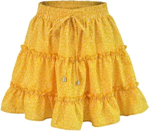 OFFSUM Womens Short Skirts - Summer Women's Skirts High Waist Ruffle Floral Beach Clothes A-Line Sexy Dress Sweet Ple