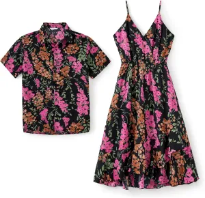 PATPAT Matching Hawaiian Outfits for Couples Beach Vacation Tropical Print Women Spaghetti Strap Dress or Men Cruise Shirt
