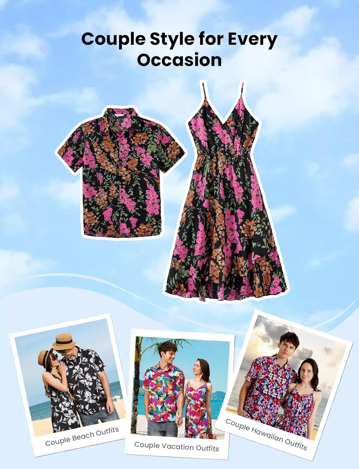 PATPAT Matching Hawaiian Outfits for Couples Beach Vacation Tropical Print Women Spaghetti Strap Dress or Men Cruise Shirt