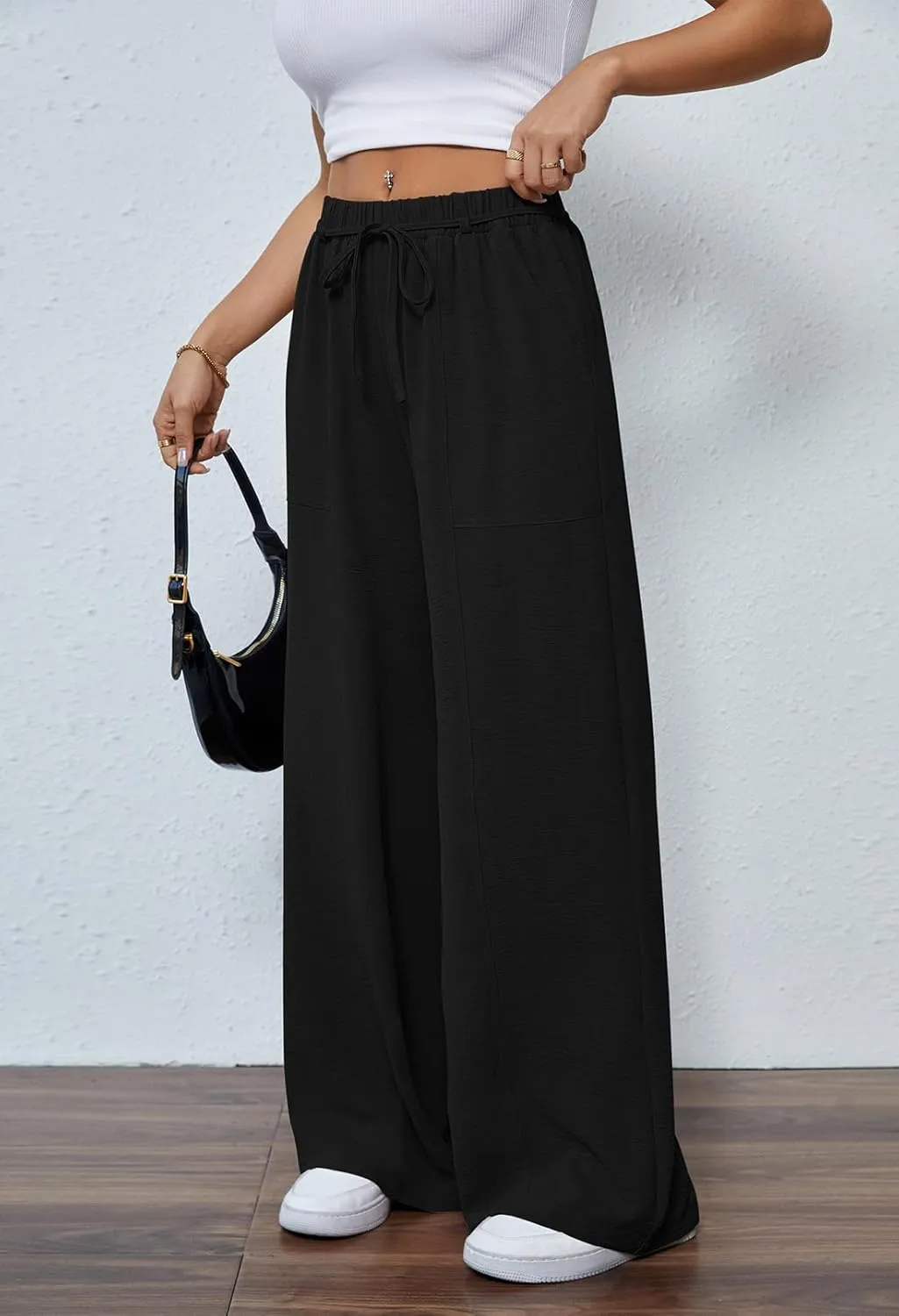 Pink Queen Womens Casual High Waist Pants Drawstring Loose Fit Summer Work Pants Trousers with Side Pockets