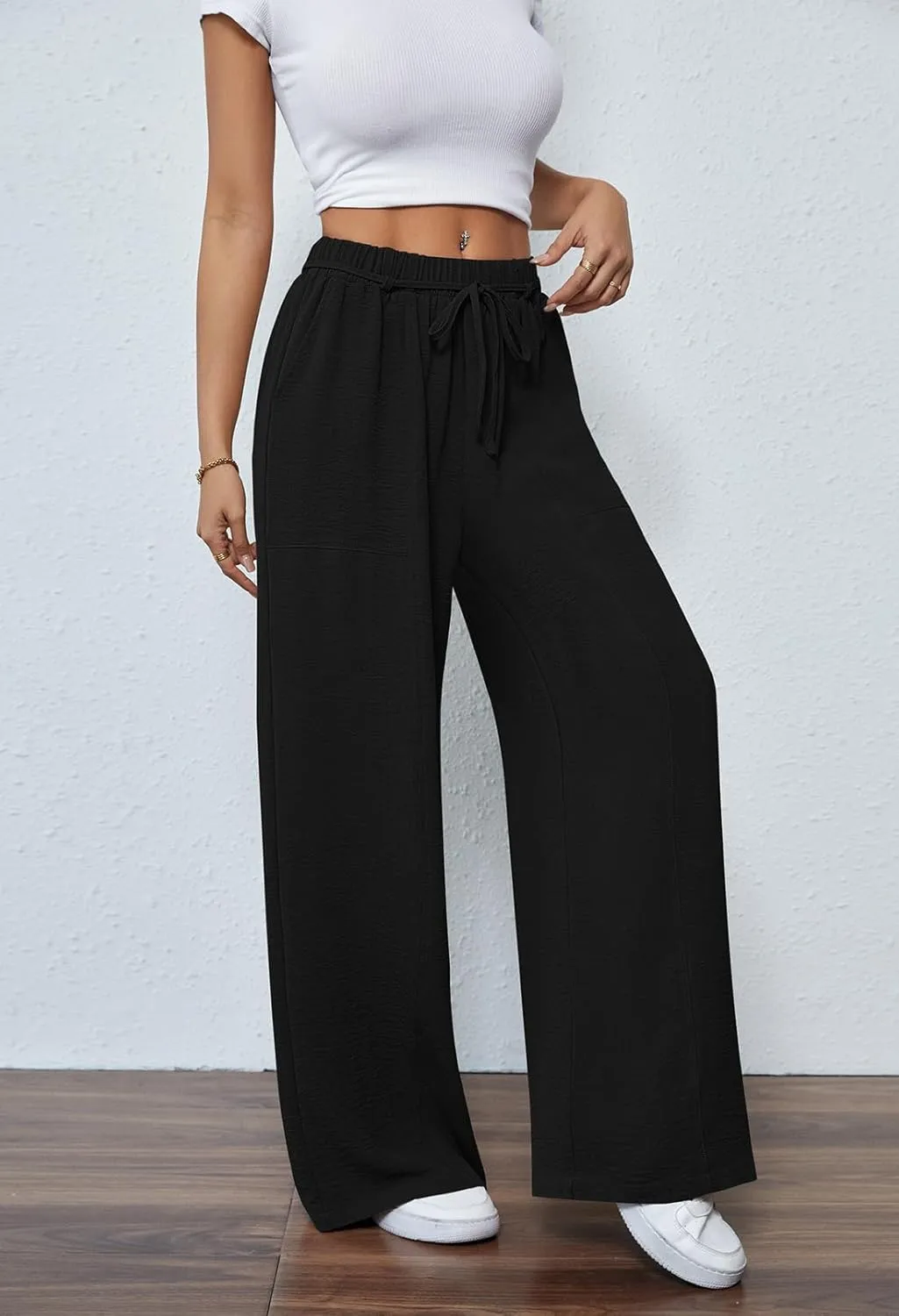 Pink Queen Womens Casual High Waist Pants Drawstring Loose Fit Summer Work Pants Trousers with Side Pockets