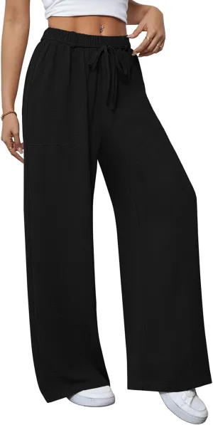 Pink Queen Womens Casual High Waist Pants Drawstring Loose Fit Summer Work Pants Trousers with Side Pockets