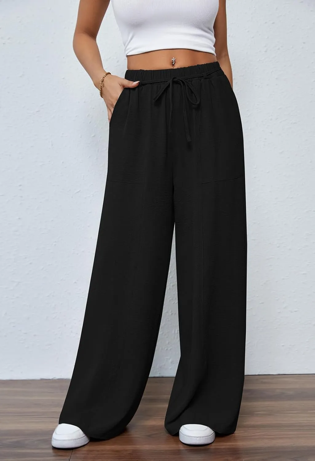 Pink Queen Womens Casual High Waist Pants Drawstring Loose Fit Summer Work Pants Trousers with Side Pockets
