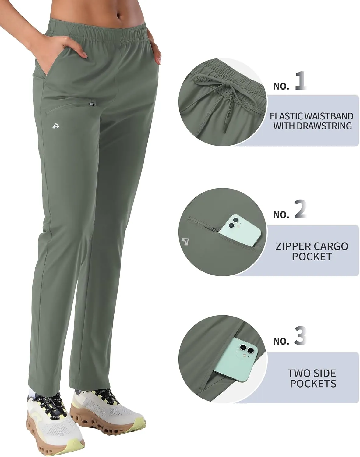 Pioneer Camp Women's Hiking Pants UPF 50  Elastic Waist Drawstring Ultra-Stretch Lightweight Outdoor Cargo Pants for Travel