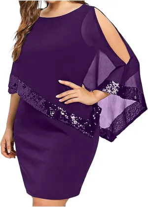 Plus Size Dresses for Curvy Women,2024 Trendy Irregular Chiffon Cape Wedding Guest Dress,Elegant Bodycon Midi Pencil Dress