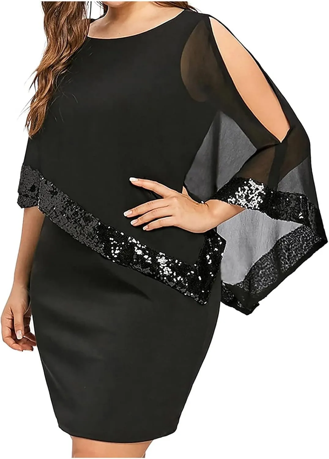 Plus Size Dresses for Curvy Women,2024 Trendy Irregular Chiffon Cape Wedding Guest Dress,Elegant Bodycon Midi Pencil Dress
