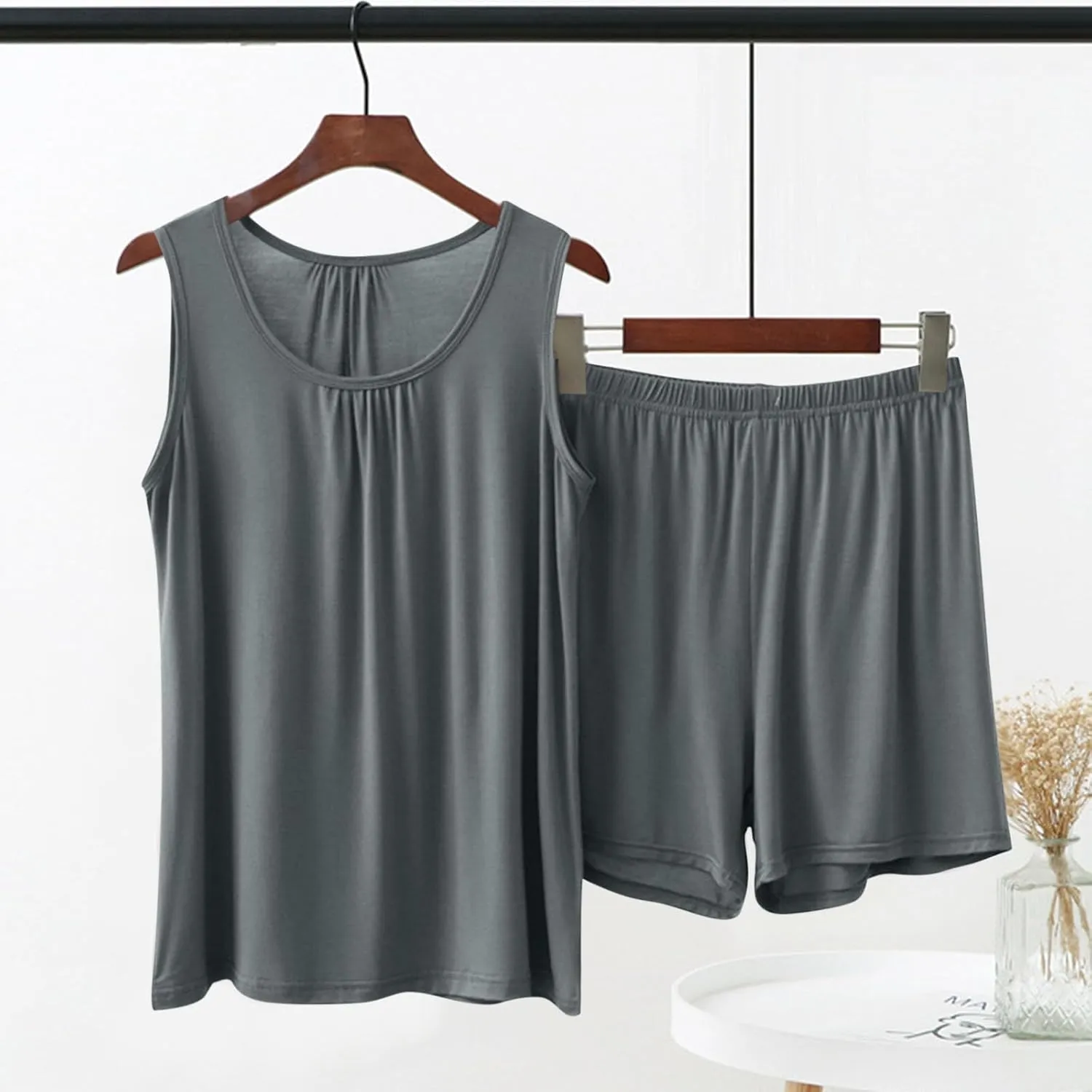 Plus Size Women's Modal Pajama Sets Loose Sleeveless Tank Top with Shorts Comfy Soft Summer Sleepwear 2 Piece Pjs Lounge Set