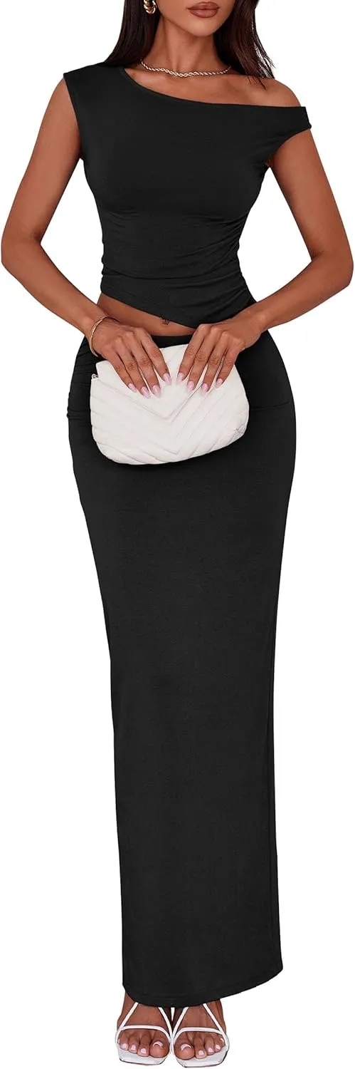PRETTYGARDEN Maxi Skirt Sets Women 2 Piece Outfits Summer 2025 Spring One Shoulder Sleeveless Ruched Bodycon Long Skirts