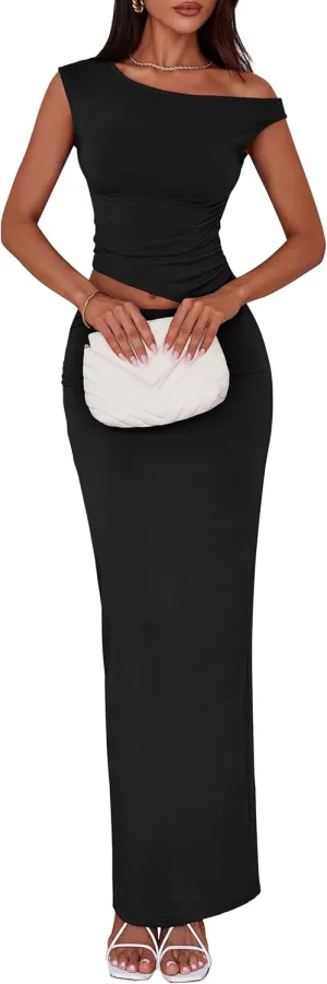 PRETTYGARDEN Maxi Skirt Sets Women 2 Piece Outfits Summer 2025 Spring One Shoulder Sleeveless Ruched Bodycon Long Skirts