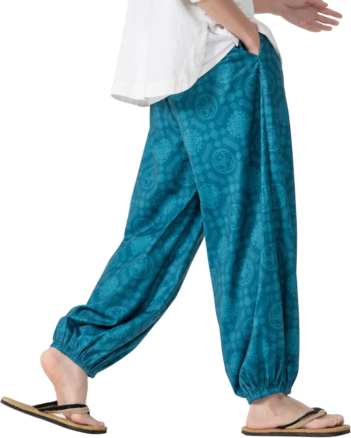 PRIJOUHE Men's Casual Harem Pants Elastic Waist Yoga Pants Lightweight Wide Leg Printed Summer Beach Trouser