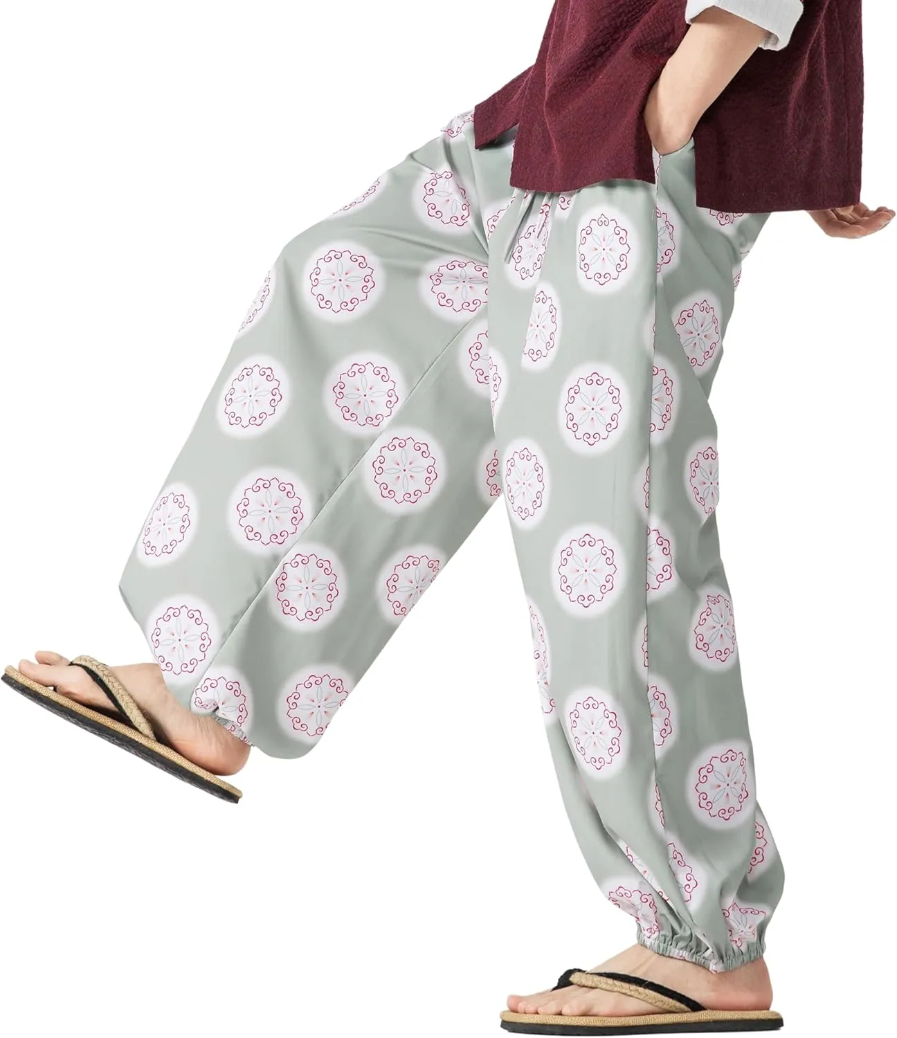 PRIJOUHE Men's Casual Harem Pants Elastic Waist Yoga Pants Lightweight Wide Leg Printed Summer Beach Trouser