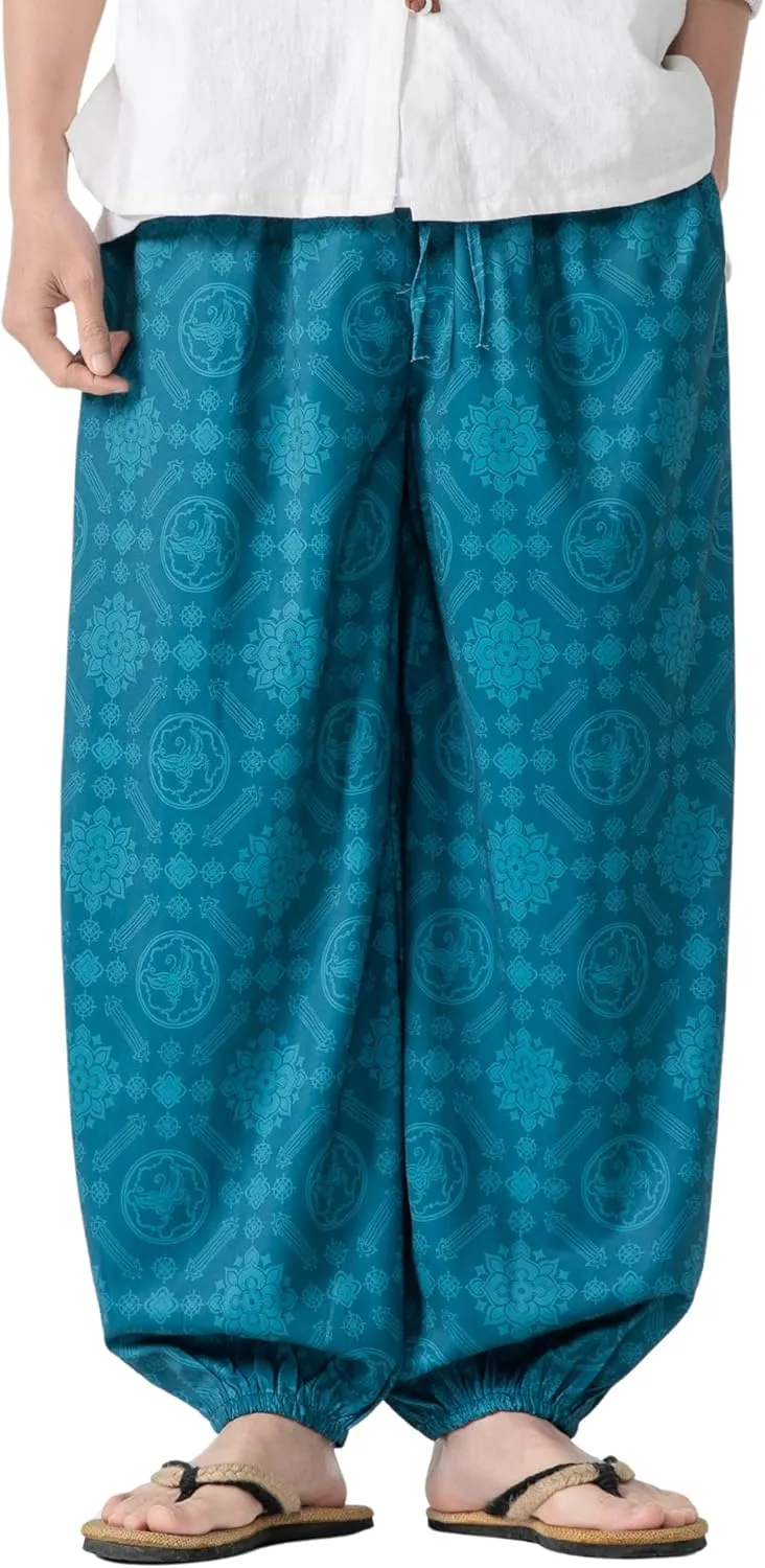 PRIJOUHE Men's Casual Harem Pants Elastic Waist Yoga Pants Lightweight Wide Leg Printed Summer Beach Trouser