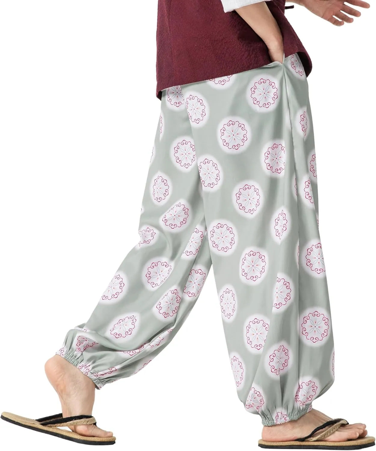 PRIJOUHE Men's Casual Harem Pants Elastic Waist Yoga Pants Lightweight Wide Leg Printed Summer Beach Trouser