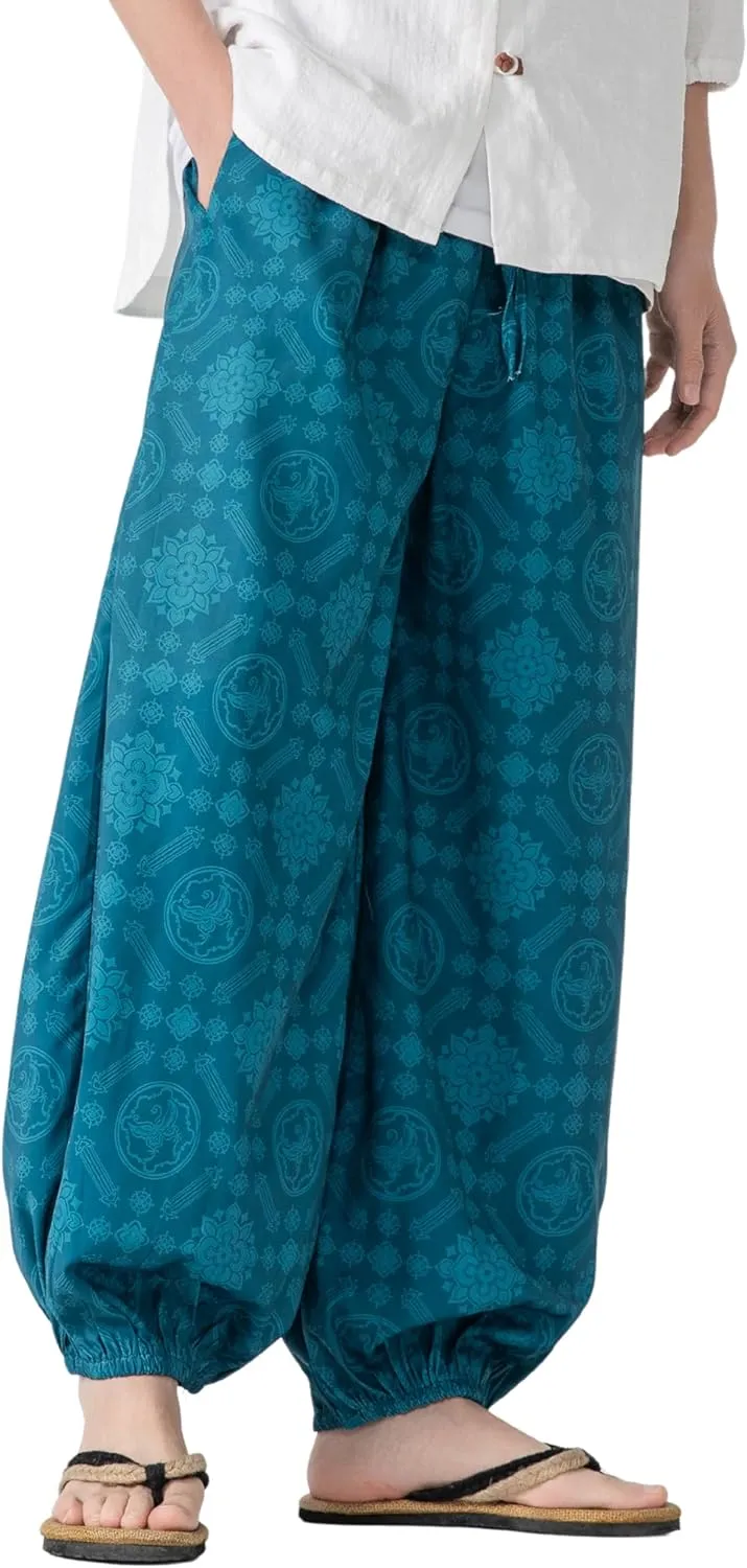 PRIJOUHE Men's Casual Harem Pants Elastic Waist Yoga Pants Lightweight Wide Leg Printed Summer Beach Trouser