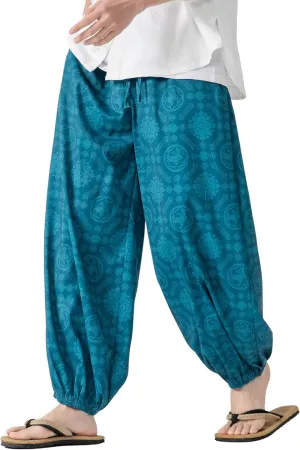 PRIJOUHE Men's Casual Harem Pants Elastic Waist Yoga Pants Lightweight Wide Leg Printed Summer Beach Trouser