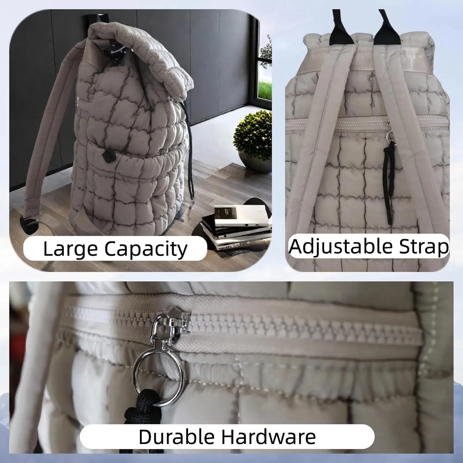 Puffer Backpack Nylon Casual Daypack Lightweight Travel Backpack Quilted Backpack for Women 18L (Khaki)
