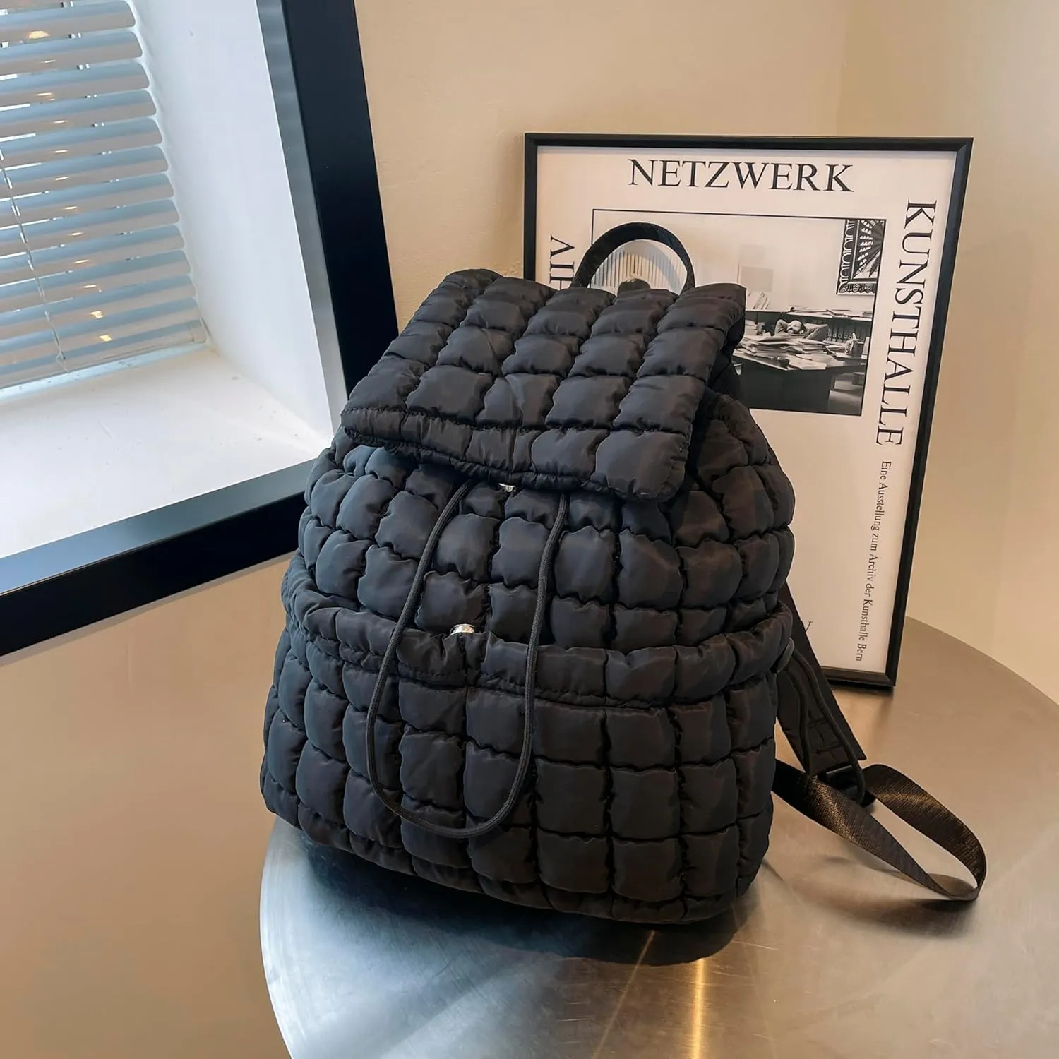 Quilted Puffy Backpack for Women Lightweight Puffer Hiker Pack Drawstring Padding Travel Gym Bag Casual Daypack (Black)