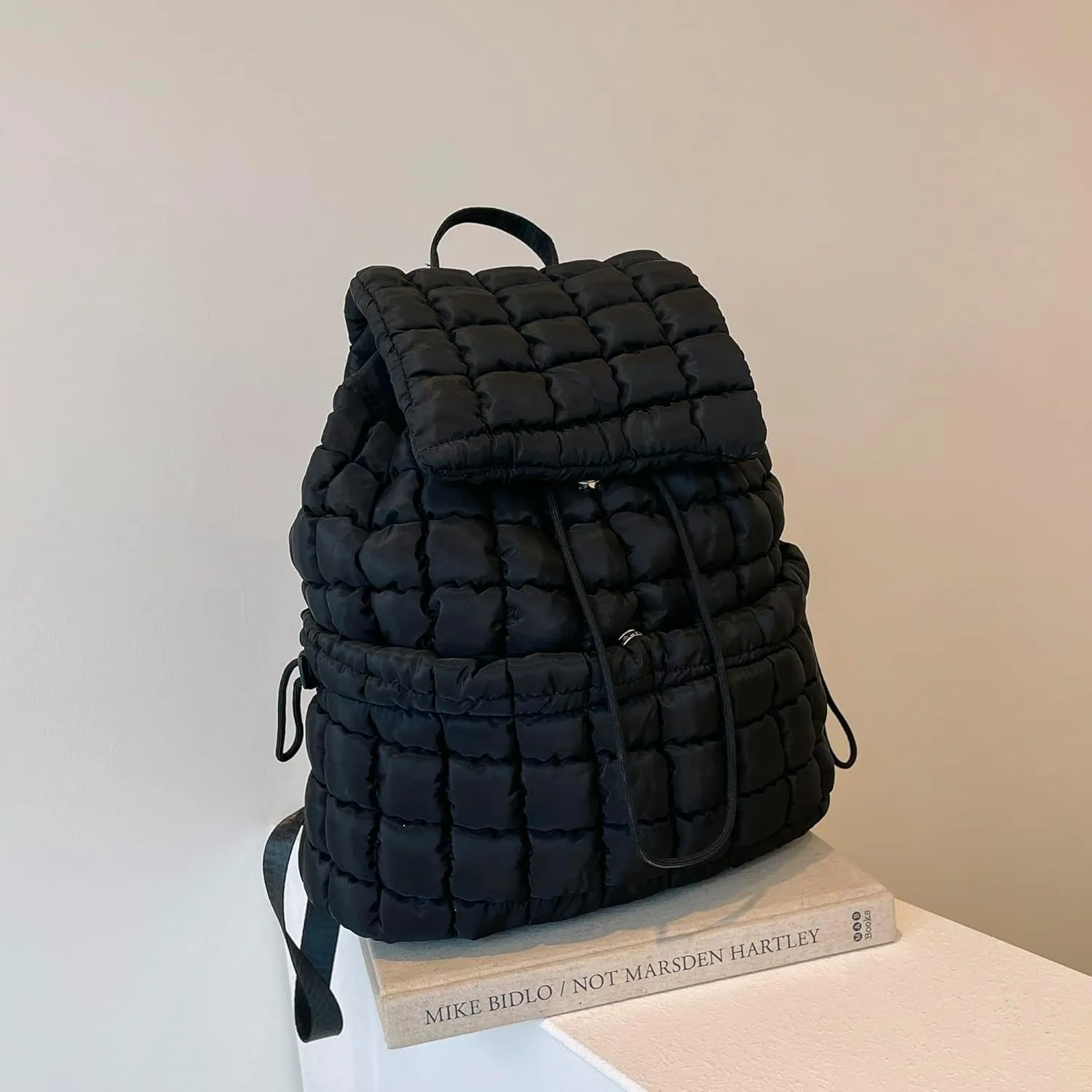 Quilted Puffy Backpack for Women Lightweight Puffer Hiker Pack Drawstring Padding Travel Gym Bag Casual Daypack (Black)
