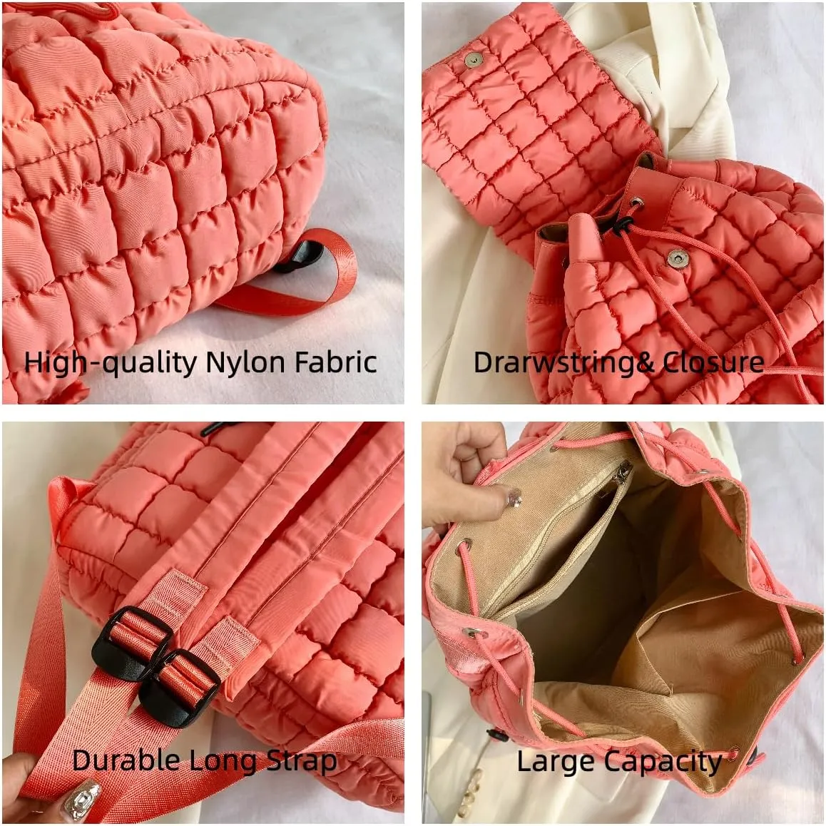 Quilted Puffy Backpack for Women Lightweight Puffer Hiker Pack Drawstring Padding Travel Gym Bag Casual Daypack (Black)