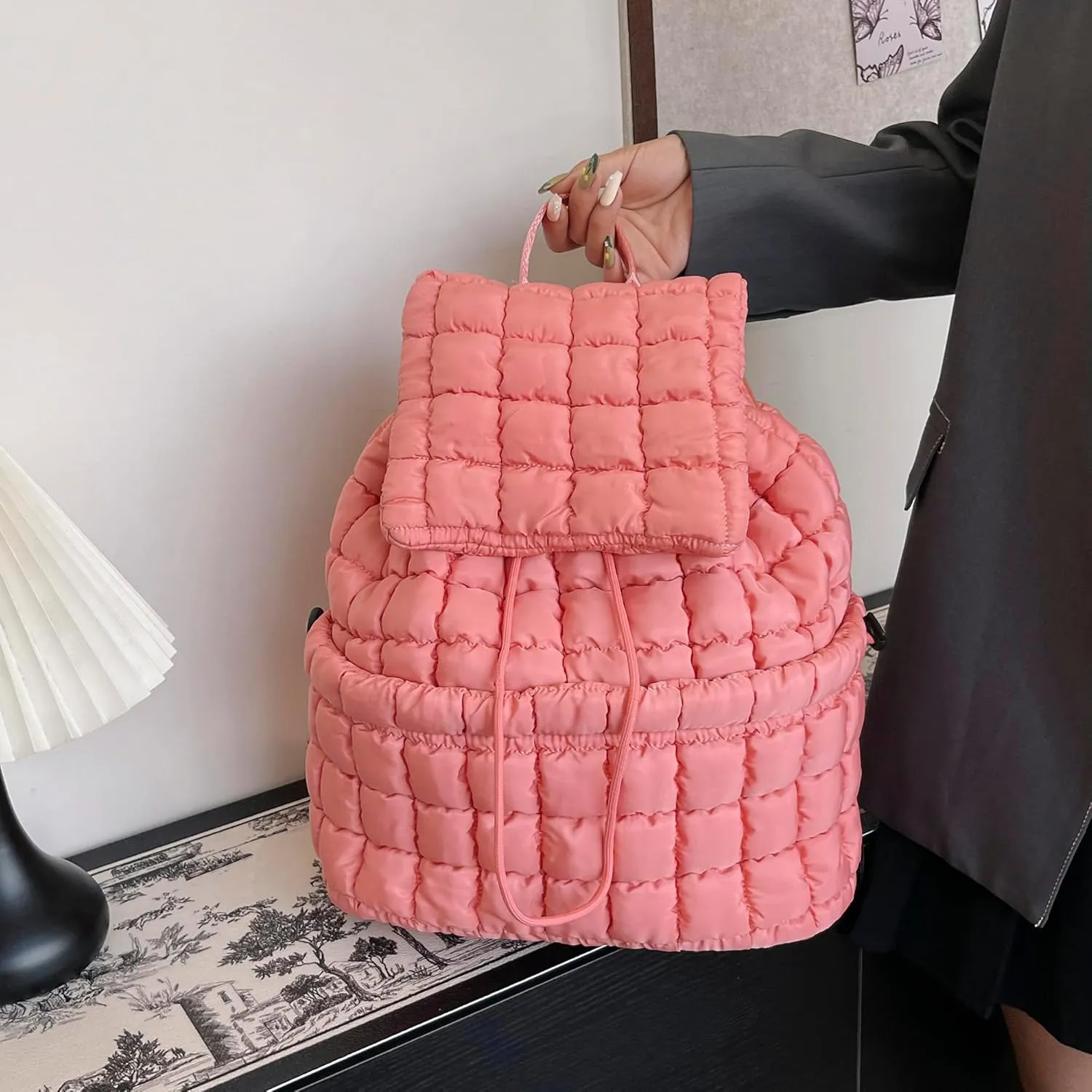 Quilted Puffy Backpack for Women Lightweight Puffer Hiker Pack Drawstring Padding Travel Gym Bag Casual Daypack (Black)